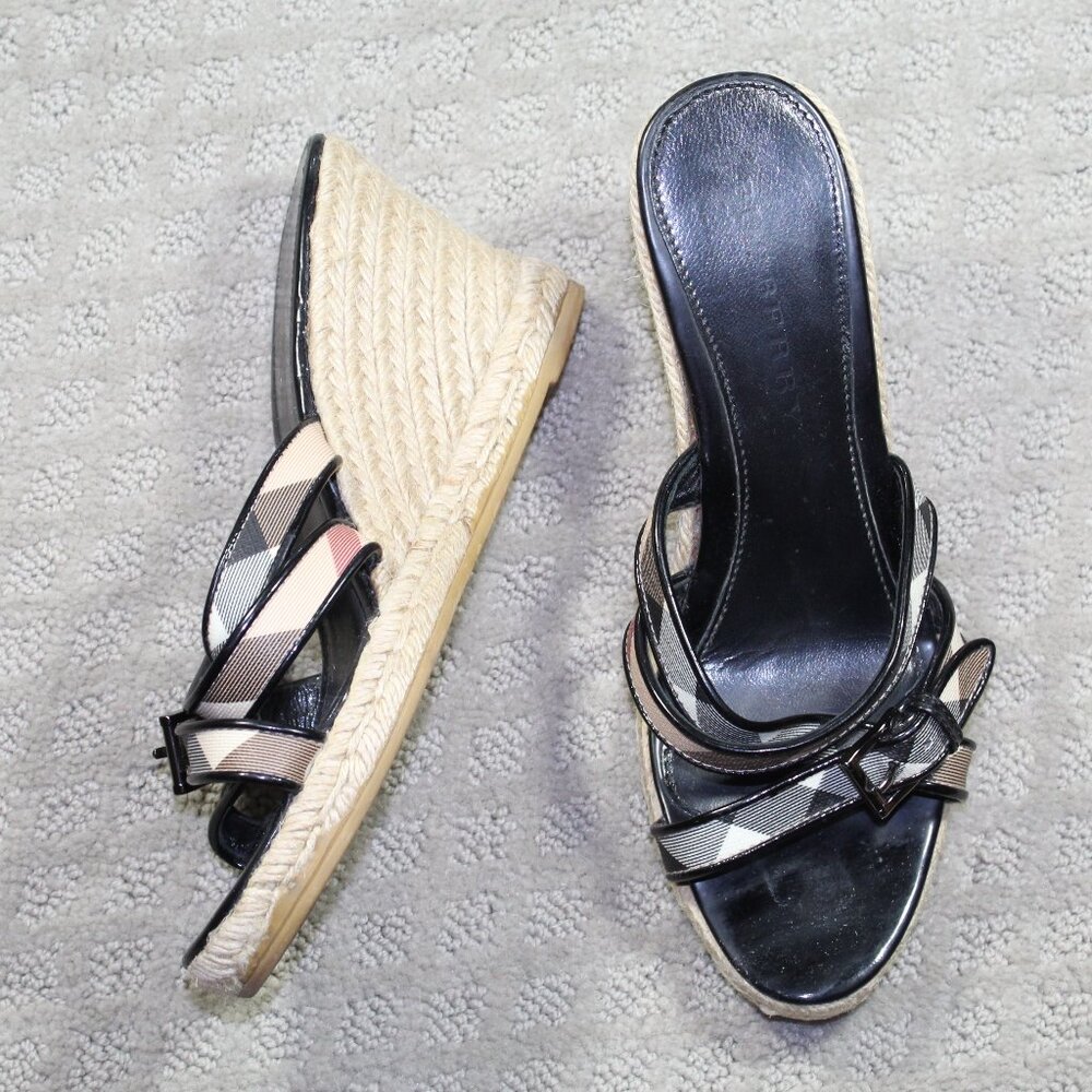 Burberry Beige Nova Check Canvas Espadrille Wedge Thong Sandals EU 39 US 8.5